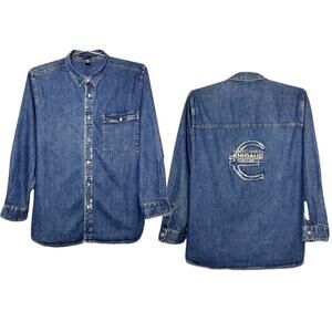 Vintage 90s Marithe Francois Girbaud 3XL Denim Shirt Jacket Blue Jean Appliqué